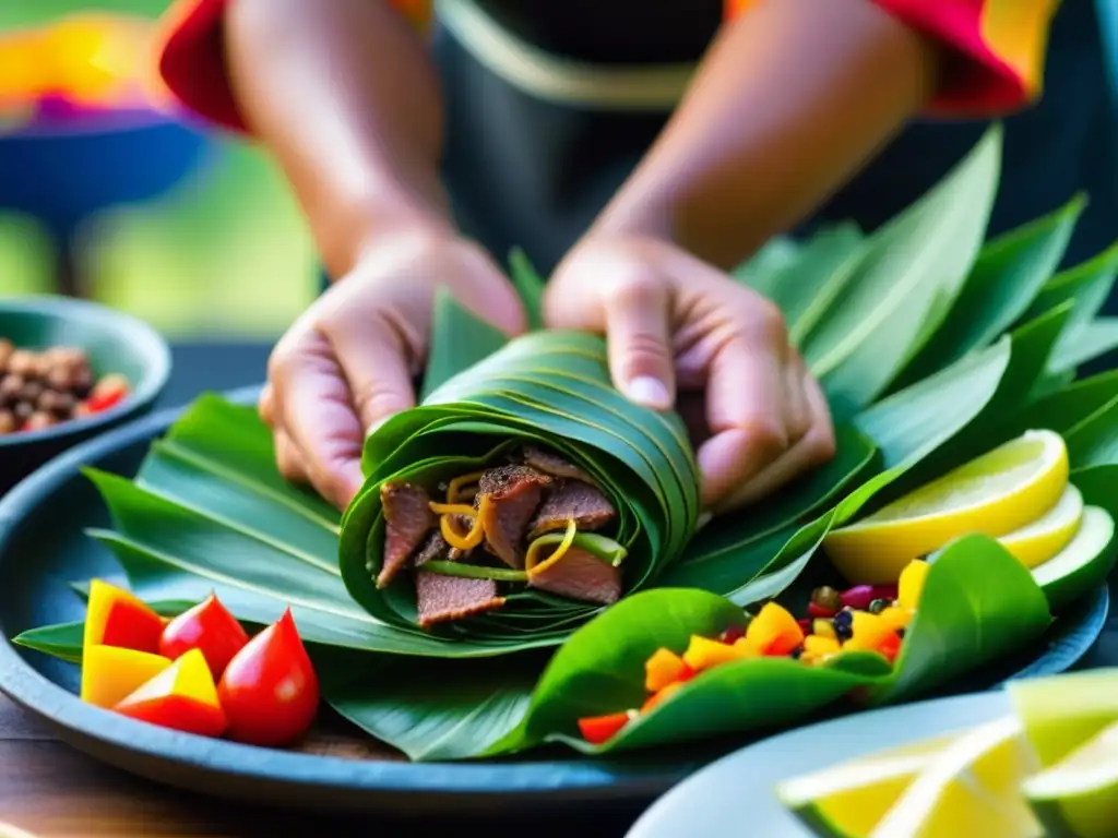 Preparación de receta mixiotes: chef envuelve con cuidado carne, verduras y especias en hoja de maguey, destacando la tradición culinaria azteca