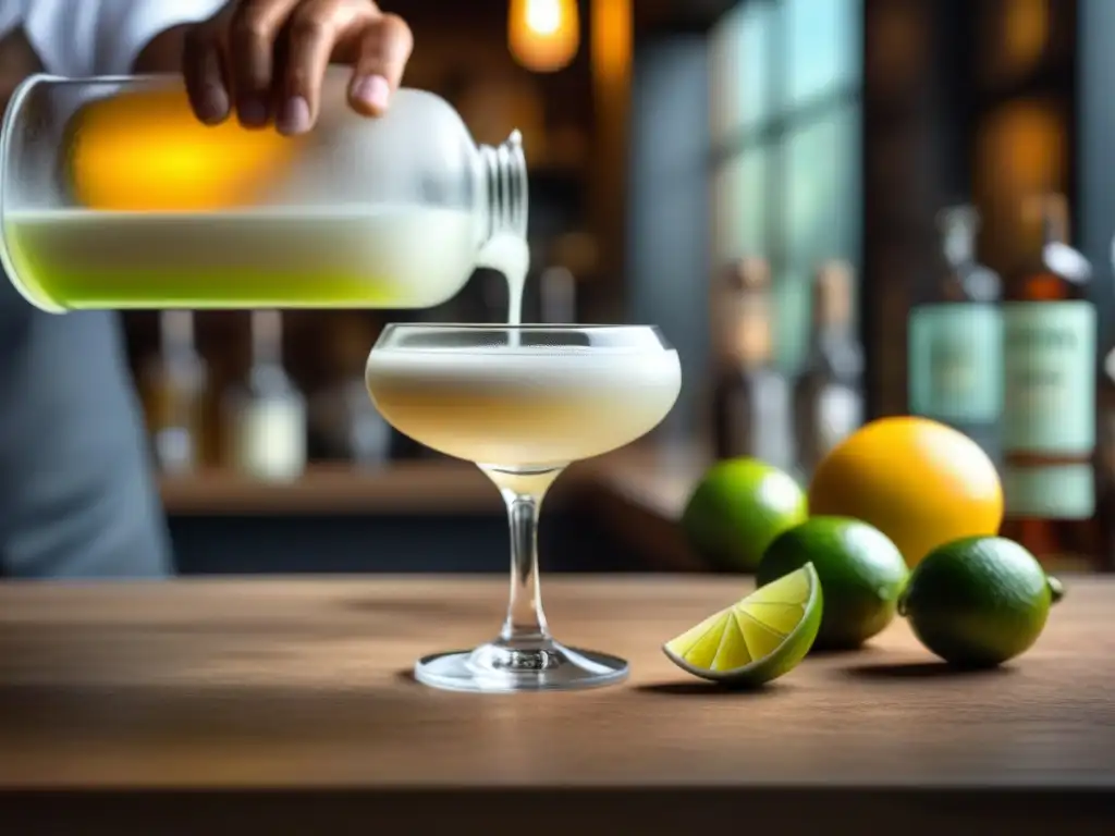 Preparación de una receta tradicional pisco peruano historia en un bar peruano animado