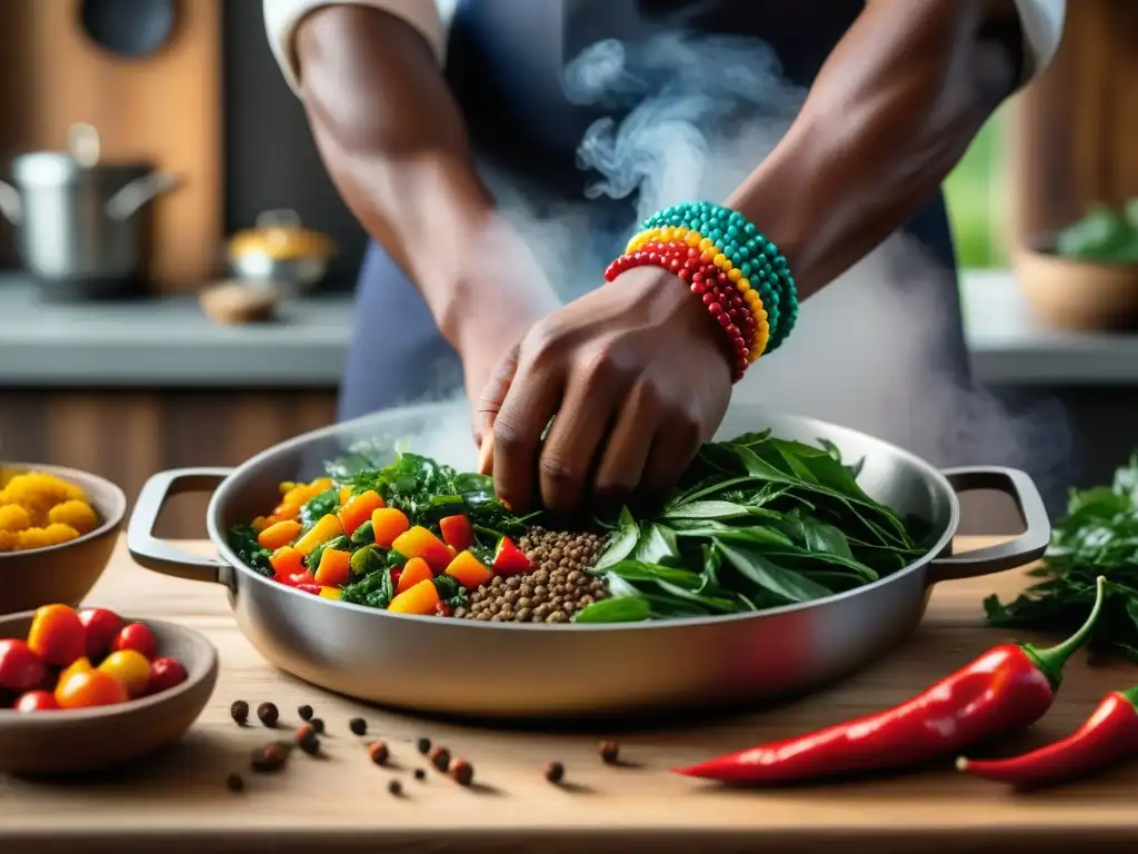 Preparación de recetas coloniales africanas: una sinfonía culinaria de colores, texturas y sabores en una cocina rústica