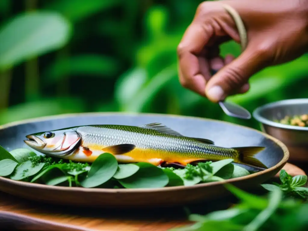 Preparación de recetas históricas amazónicas: cazador, pescador y chef sazonando pescado con hierbas vibrantes en la selva