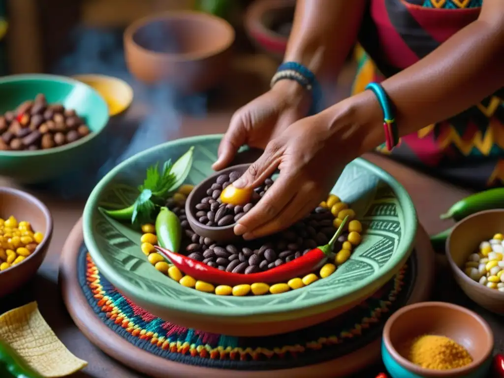 Preparación de recetas históricas cultura azteca con ingredientes tradicionales en hermosa vajilla de barro