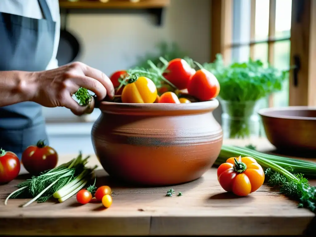 Preparación de recetas históricas orgánicas cultural en cocina rústica con ingredientes vibrantes