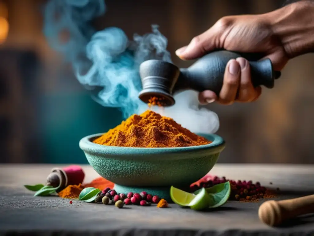 Preparación de recetas históricas África precolonial: moliendo especias coloridas en un mortero de piedra tradicional
