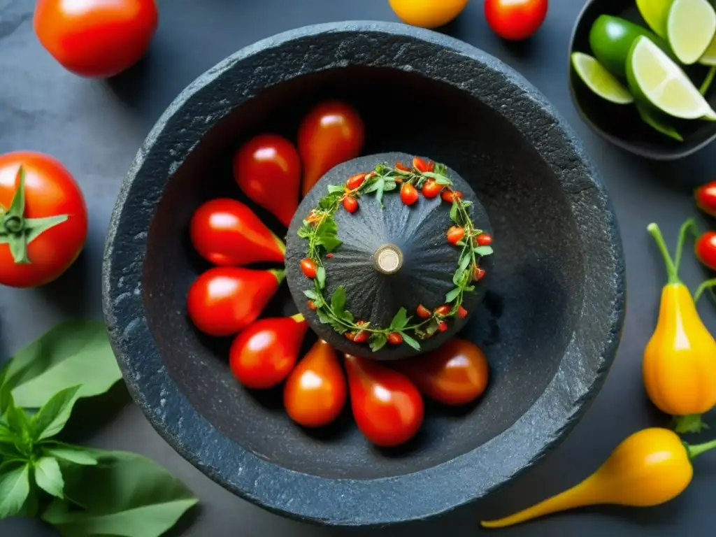 Preparación de la sopa tarasca: molcajete con tomates rojos, chiles secos, ajos y hierbas secas, listos para la salsa