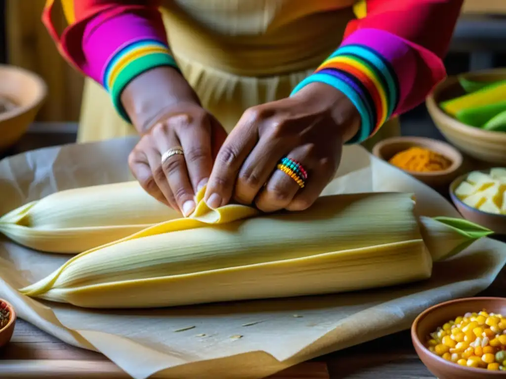 Proceso tradicional de hacer tamales: manos expertas en masa y maíz Preparación de tamales en cocina tradicional