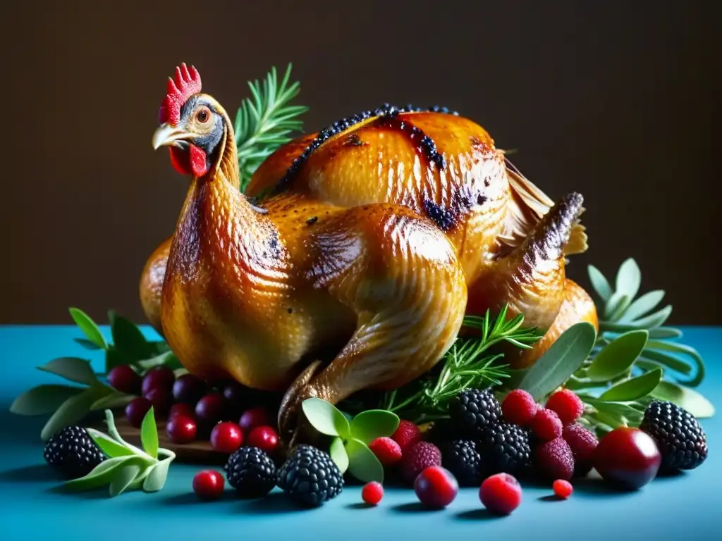 Una presentación visual de bayas y hierbas antioxidantes alrededor de un pollo asado, resaltando los Beneficios antioxidantes de aves