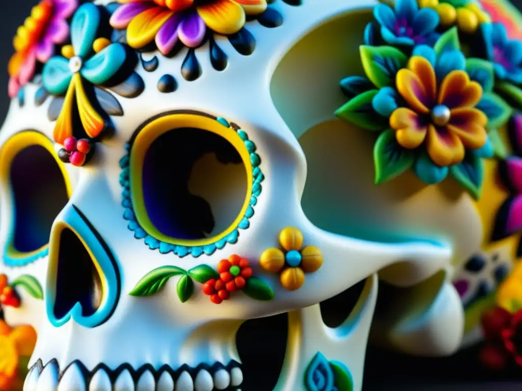 Un primer plano de una colorida y detallada calavera de azúcar, resaltando las decoraciones tradicionales del Día de Muertos