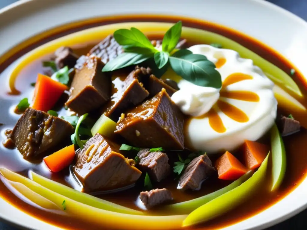 Un primer plano de un delicioso Fiaker Goulash humeante, resaltando sus capas de carne tierna, caldo de paprika, verduras y crema agria