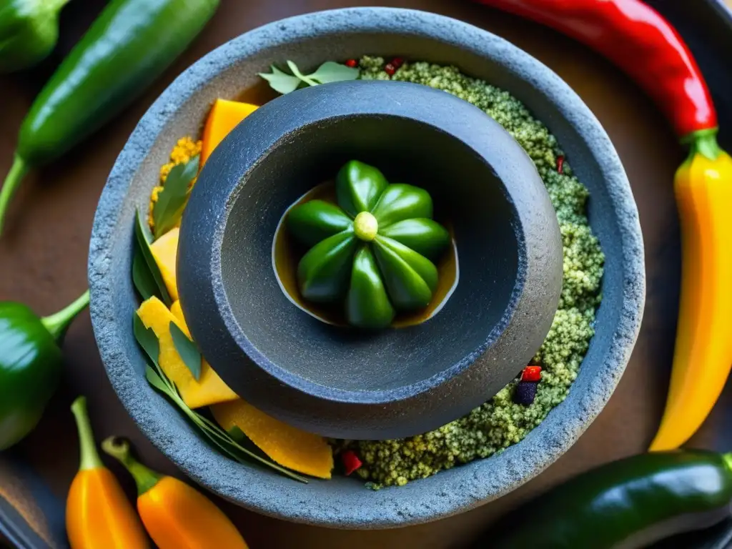 Un primer plano detallado de un molcajete tradicional lleno de ingredientes vibrantes y fragantes como chiles, ajo y especias, mostrando las intrincadas texturas y colores que representan la fusión de influencias culinarias africanas, indígenas y europeas en recetas históricas de resist