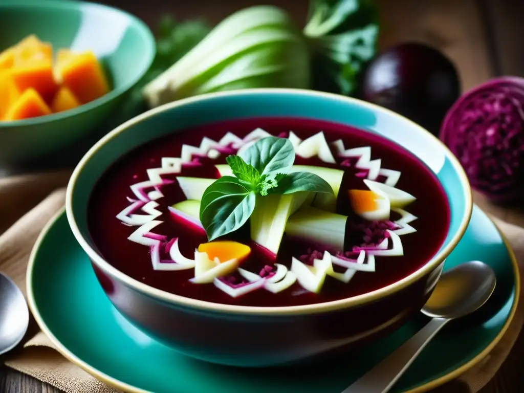 Un primer plano detallado de una tradicional sopa borsch soviética, destacando colores y texturas