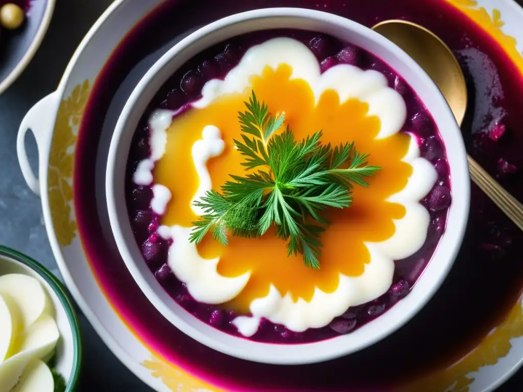 Un primer plano detallado de un vibrante tazón de sopa Borsch, con capas de remolacha, patata, zanahoria, col y hierbas, y una cucharada de crema agria