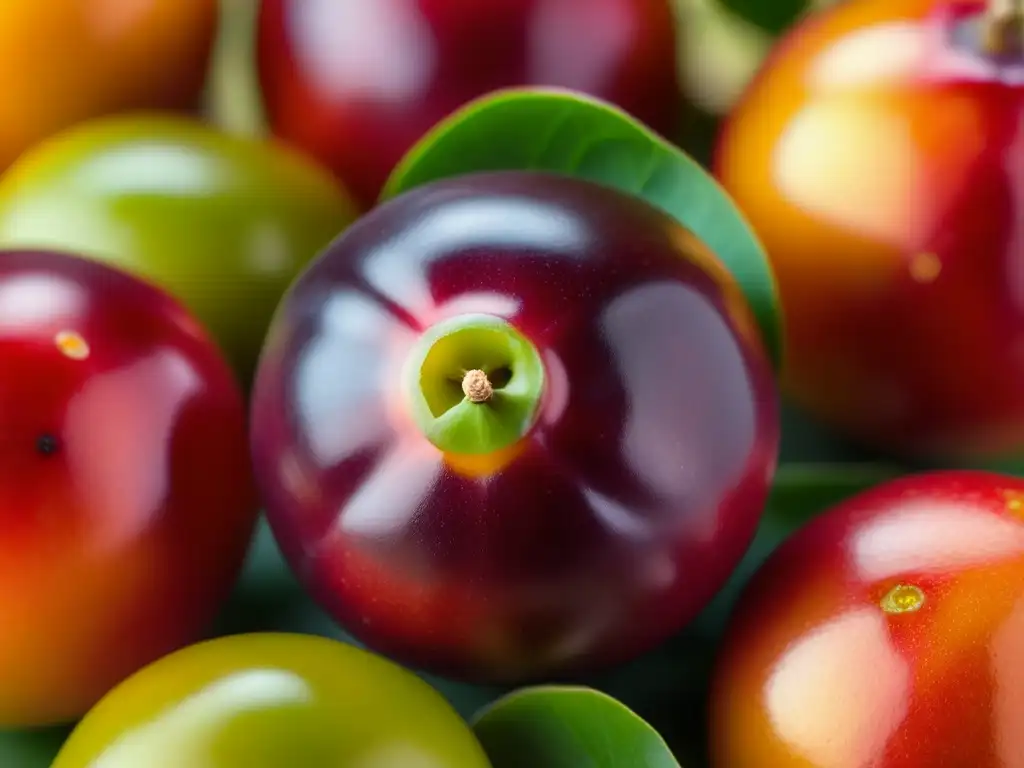 Un primer plano detallado de una vibrante fruta camu camu en la selva amazónica