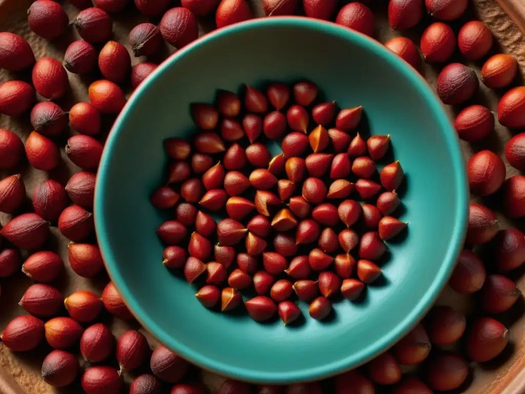 Un primer plano extremo de semillas vibrantes de achiote en un tazón maya de barro, resaltando su tono rojo intenso y textura rugosa