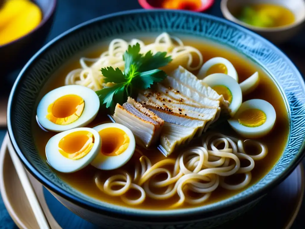 Un primer plano de un humeante tazón de ramen japonés tradicional, resaltando los detalles del plato y sus colores vibrantes