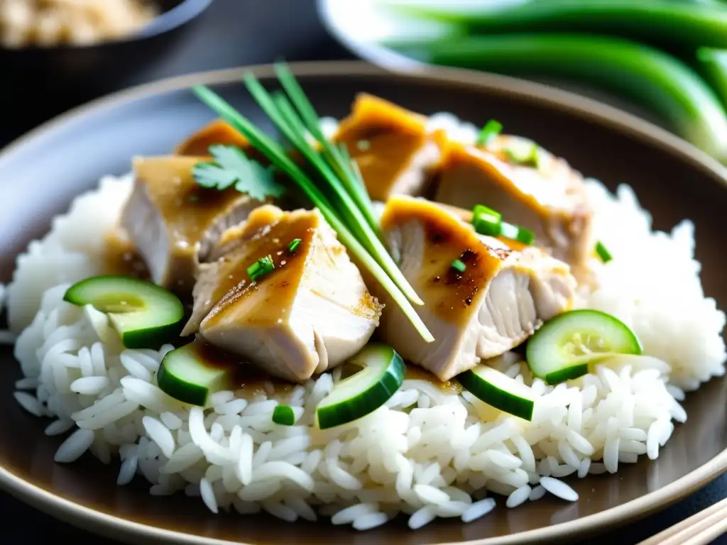 Un primer plano de un plato de Hainanese Chicken Rice humeante, con trozos jugosos de pollo sobre arroz