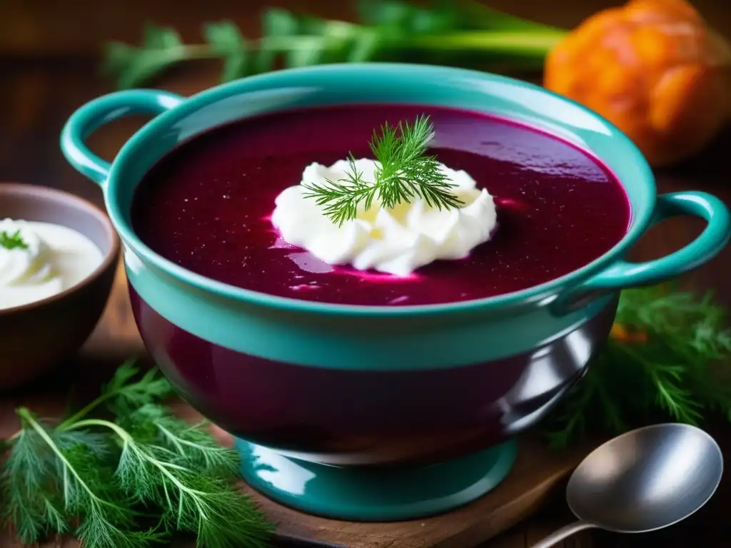 Saborea el borscht: tradición culinaria en rojo, blanco y verde Un primer plano de un tazón humeante de borscht, una sopa de remolacha tradicional de Europa del Este, con crema agria y eneldo fresco