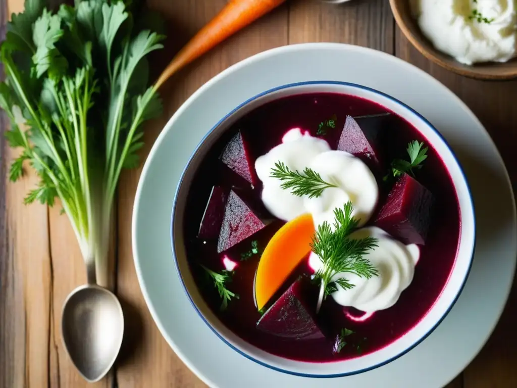 Un primer plano de una tradicional sopa rusa borsch, con vibrantes colores de remolachas y zanahorias, crema agria y cuchara de madera