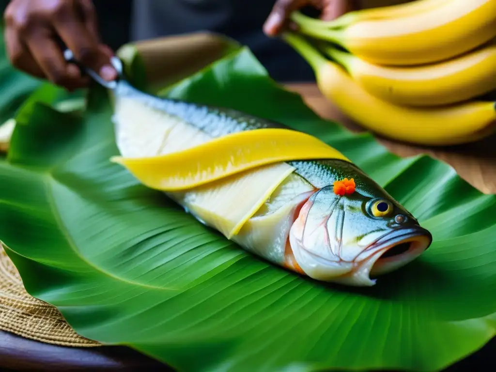 El proceso ancestral de preparación del plato bengalí Bhapa Ilish, envolviendo cuidadosamente el pescado sazonado en hojas de plátano