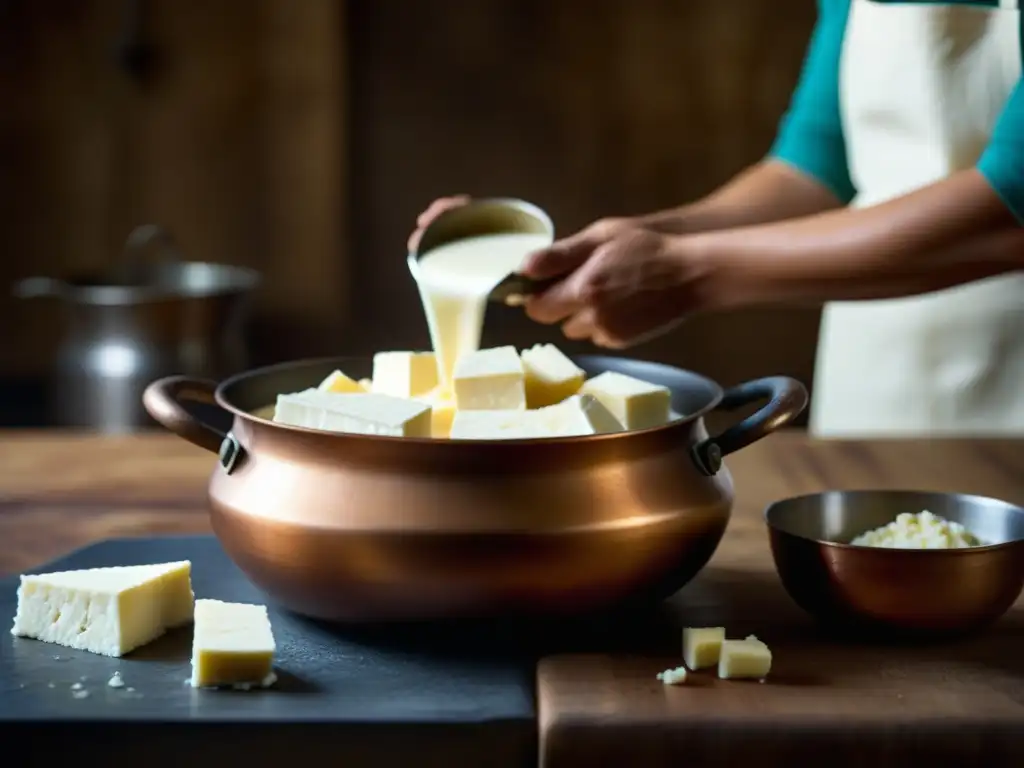El proceso artesanal de cuajar la leche para hacer paneer en una olla de cobre, en una cocina rústica