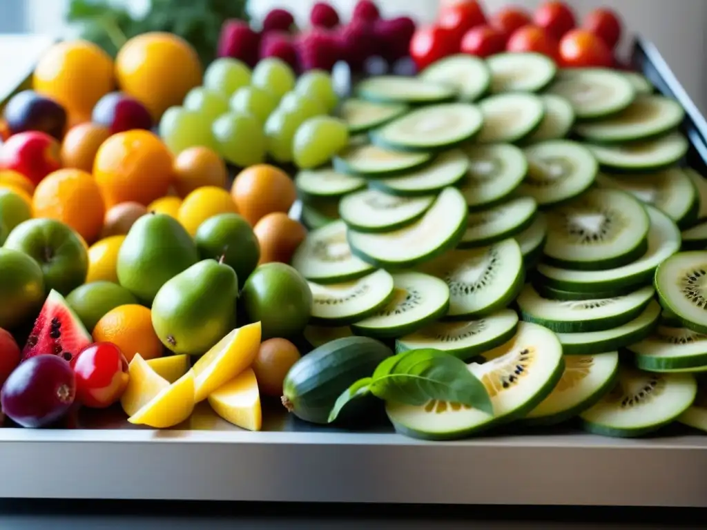 Proceso de liofilización en deshidratador de alimentos moderno, frutas y verduras frescas transformándose en secas