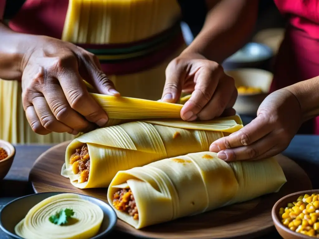 Proceso detallado de elaboración de un tamal andino: manos expertas crean capas de maíz y relleno