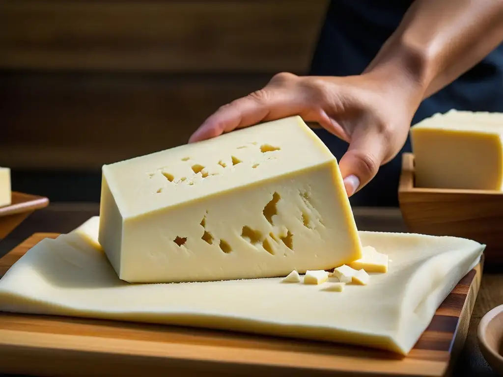 El proceso meticuloso de prensar tofu en un molde tradicional de madera, mostrando la importancia cultural del tofu en Japón