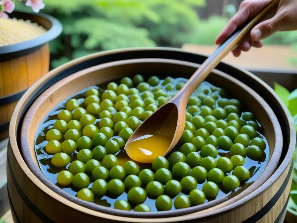 El proceso de fermentación de soja para hacer miso japonés en barril de madera, con utensilios tradicionales y jardín japonés al atardecer