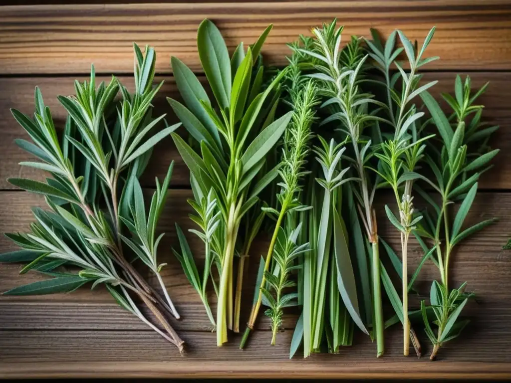 Propiedades curativas de hierbas en mesa de madera, resaltando colores y texturas en gastronomía medieval