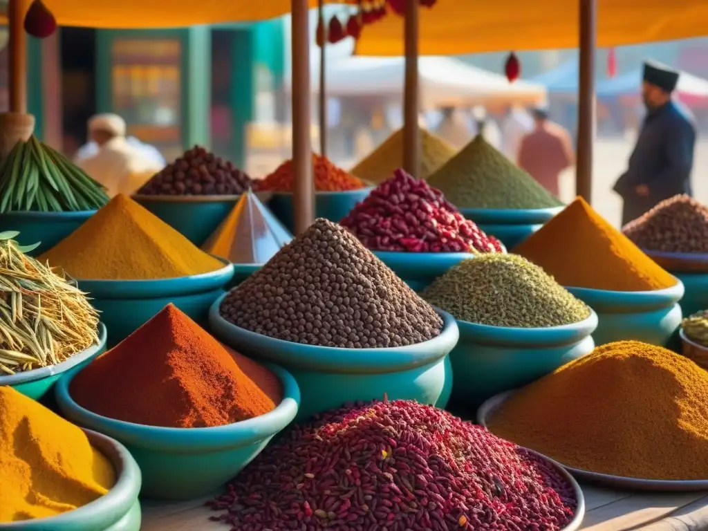 Un puesto de especias en un bullicioso mercado de la histórica Ruta de la Seda, con una variedad de colores y olores