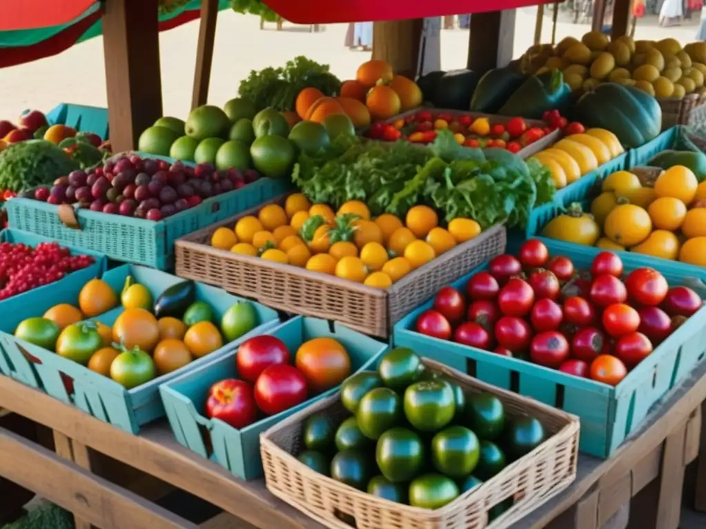 Un puesto medieval rebosante de frutas y verduras históricas en una animada feria, reflejando la dieta medieval