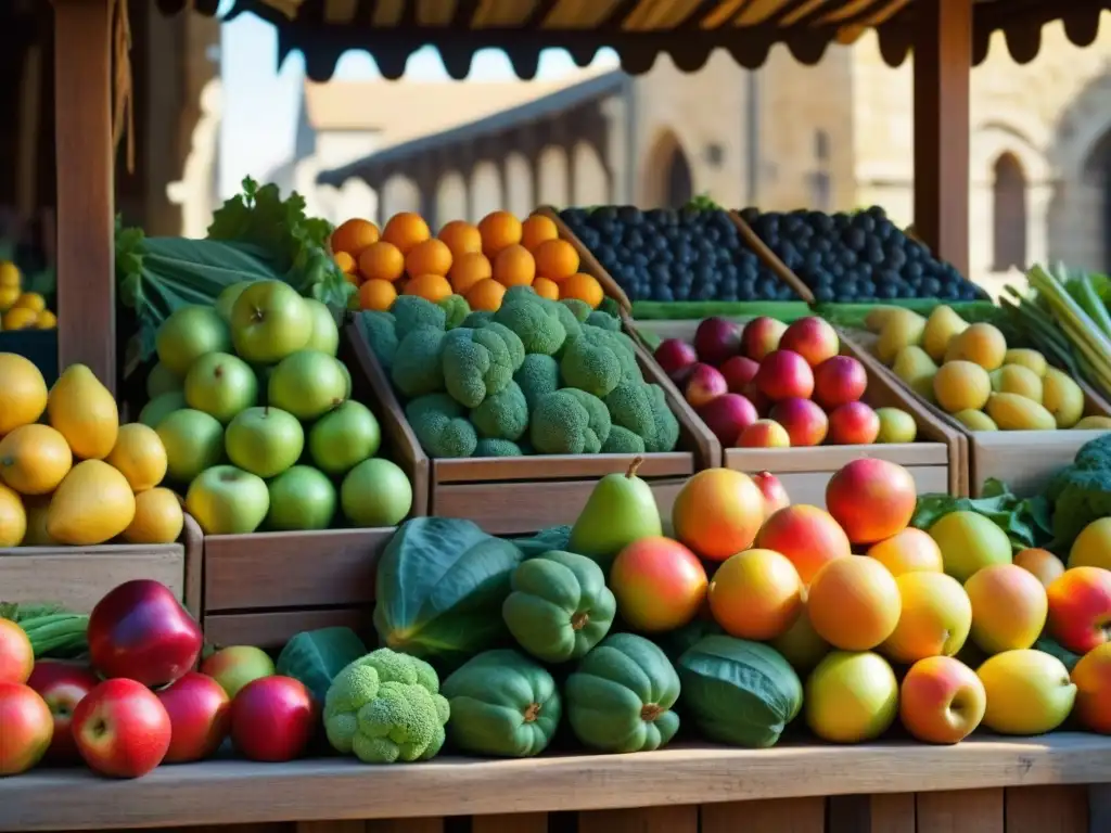 Un puesto medieval rebosante de frutas y verduras vibrantes, sumergiendo en la dieta medieval frutas verduras históricas