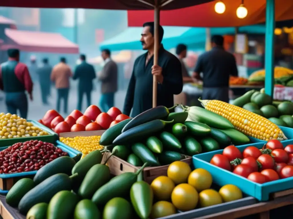 Un puesto de mercado histórico durante la Revolución Mexicana, con un vendedor preparando platillos tradicionales con ingredientes vibrantes