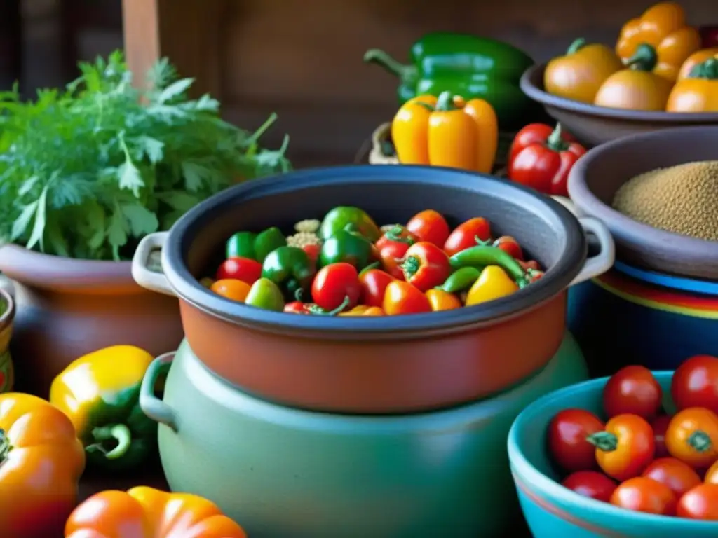 Un puesto mexicano rebosante de ingredientes frescos, con una olla de barro emanando un guiso aromático