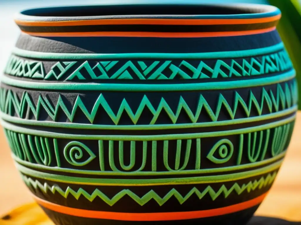 Pulque ancestral: vaso de piedra con símbolos aztecas y colores vibrantes, reflejando la historia y origen de esta bebida en culturas antiguas