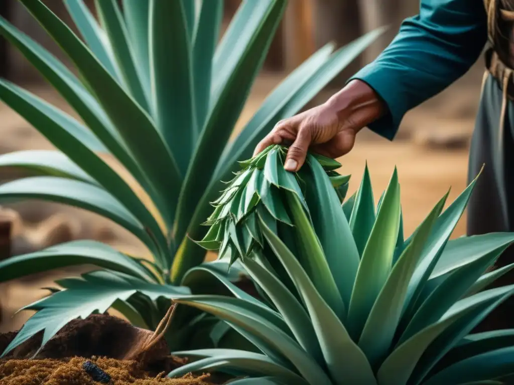 Un pulquero experto extrayendo aguamiel de maguey, mostrando la artesanía de la producción de pulque en México