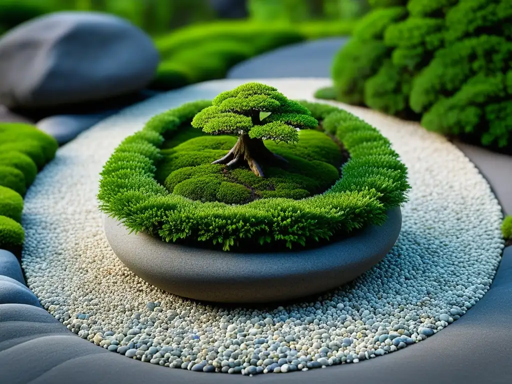 La quietud de un jardín Zen japonés, con arena y musgo en armonía, destaca un bonsái podado