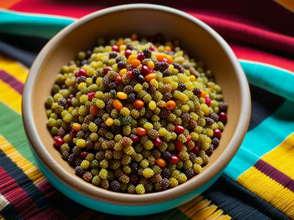 Quinua peruana colorida en cesta andina sobre textiles incas vibrantes, evocando ensaladas andinas recetas historicas