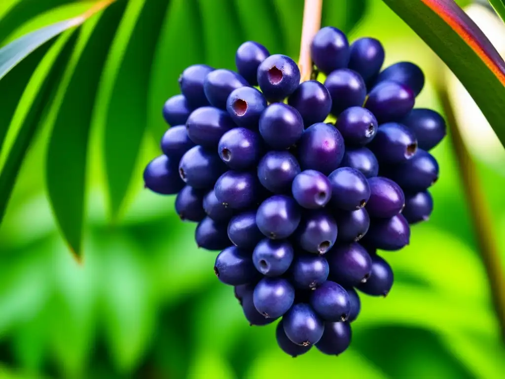 Un racimo de bayas de açaí maduras cuelga de una palmera en la exuberante selva amazónica