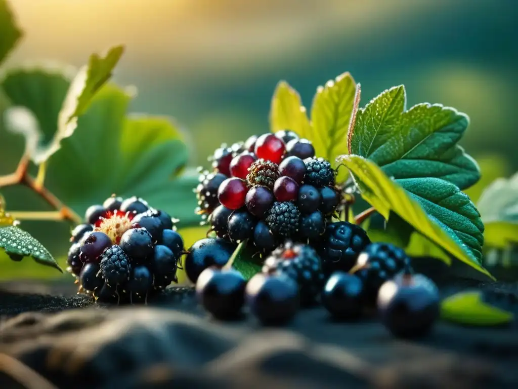 Un racimo de moras silvestres maduras brillantes con rocío al sol de la mañana en la PreViking era