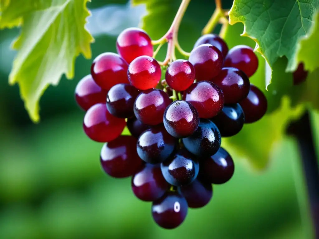Un racimo de uva roja madura con gotas de agua, listo para ser recolectado en un viñedo