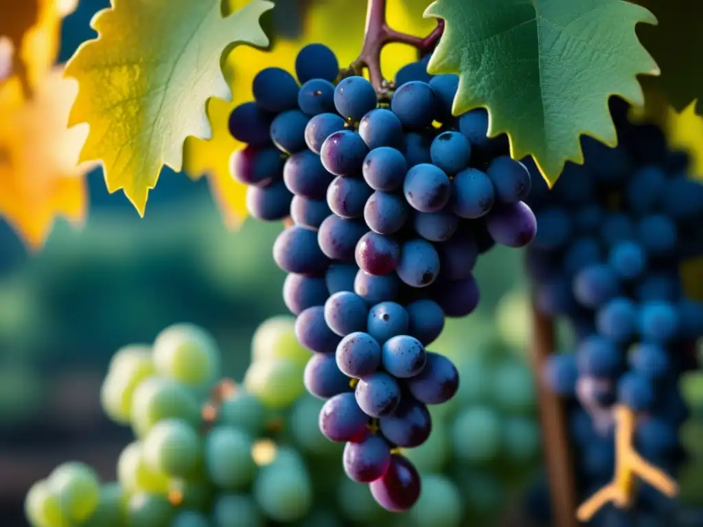 Un racimo de uvas griegas maduras, con la piel morada brillante, bajo el sol mediterráneo