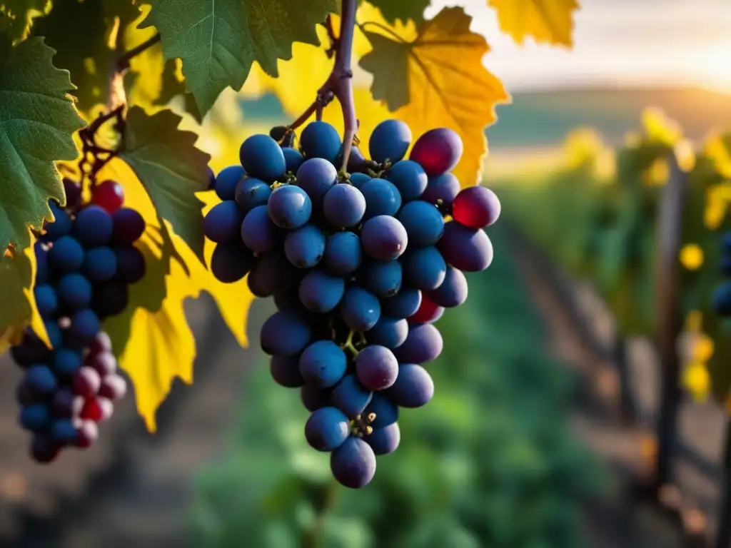 Un racimo de uvas malbec maduro en un viñedo argentino al atardecer, reflejando la esencia de la Vendimia Argentina