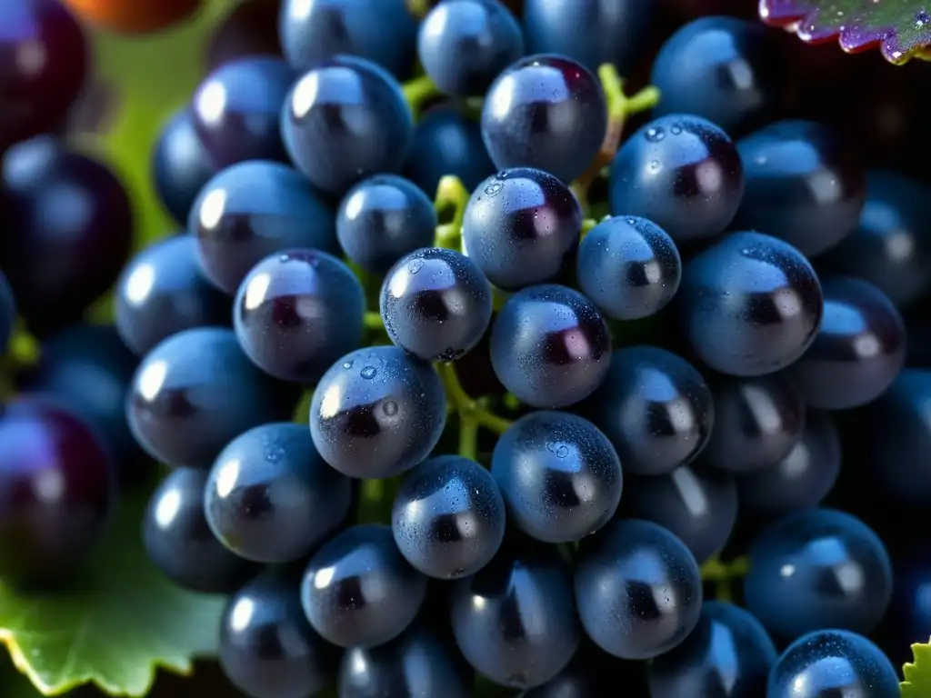 Un racimo de uvas moradas brillantes con gotas de rocío, resaltando las propiedades antioxidantes del vino