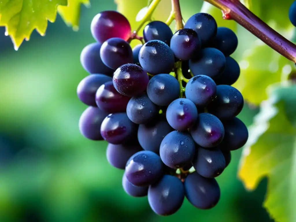 Un racimo de uvas moradas brillantes con gotas de rocío, listas para la vendimia