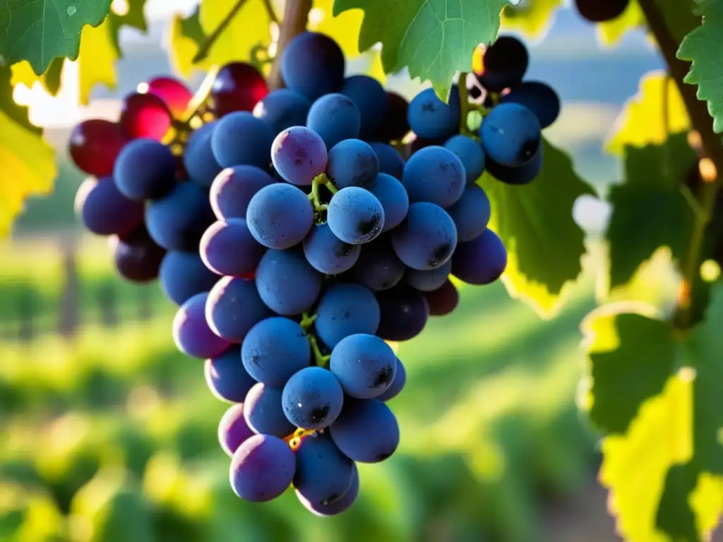 Racimo de uvas moradas brillantes en viñedo al atardecer: la promesa de vinos naturales fermentación técnicas antiguas