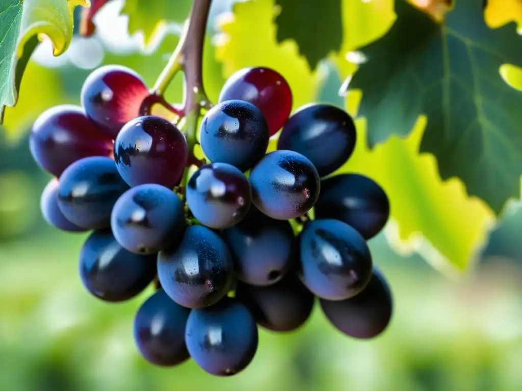 Un racimo de uvas moradas maduras brillando bajo el sol en un viñedo de Ica, Perú