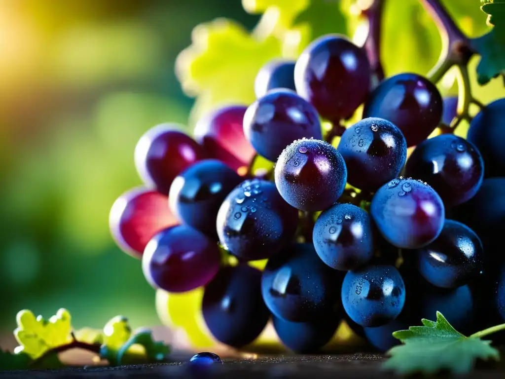 Un racimo de uvas moradas recién cosechadas, brillando con rocío bajo la luz matutina