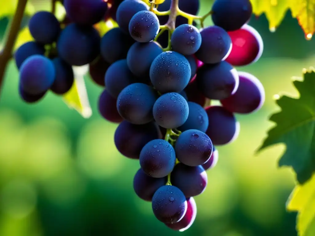 Racimo de uvas púrpuras brillantes con gotas de rocío al amanecer