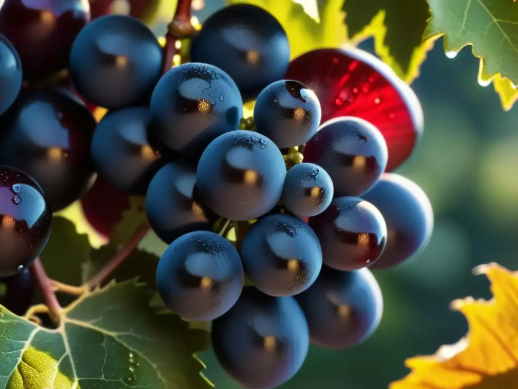 Un racimo de uvas rojas brillantes con gotas de rocío bajo el sol, destacando las propiedades antioxidantes del vino