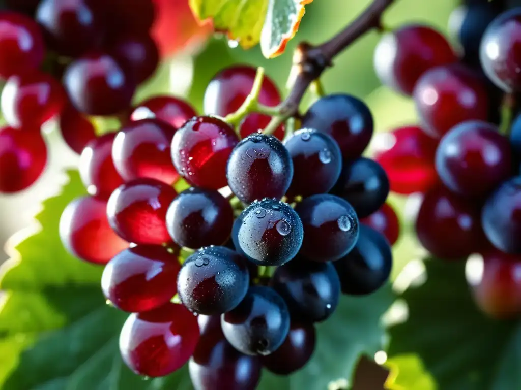 Un racimo de uvas rojas brillantes con gotas de rocío al sol de la mañana, mostrando los detalles de la piel y las propiedades antioxidantes del vino